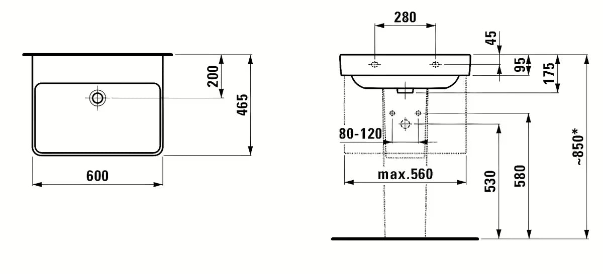 Bijeli viseće keramički umivaonik Laufen Pro S 60x46,5 cm bez otvora za miješalicu s integriranim preljevom.