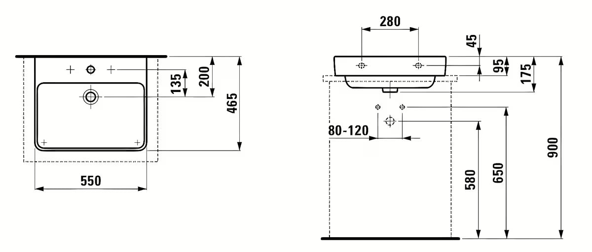 Bijeli viseće keramički umivaonik Laufen Pro S 55x46,5 cm s otvorom pro slavinu u sredini i preljevom.