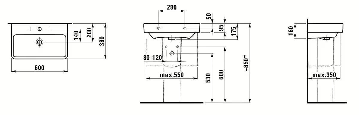 Viseći umivaonik Laufen Pro S 60x38 cm u bijeloj izvedbi s preljevom i otvorom pro za slavinu u sredini