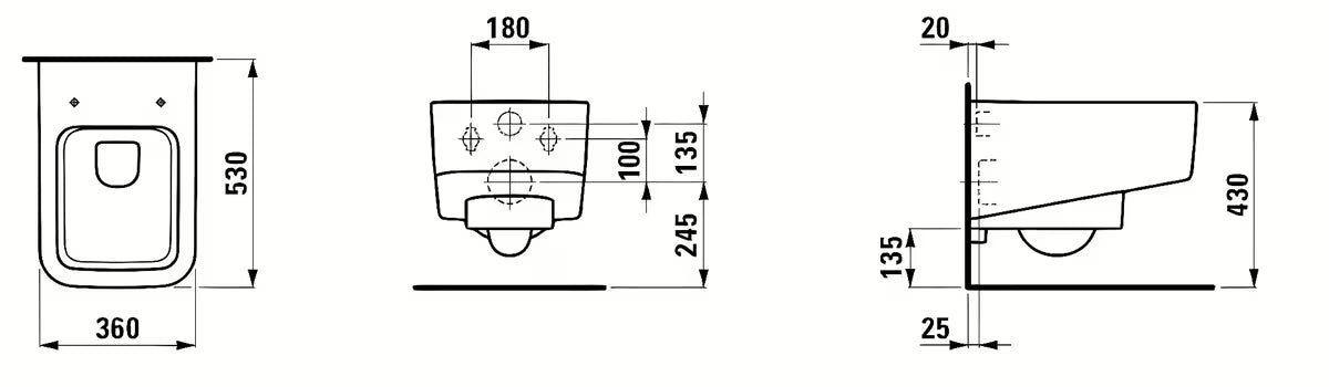 Bijeli viseća WC školjka Laufen Pro S bezrubnom izvedbom bez sustava za ispiranje i četvrtastim dizajnom.