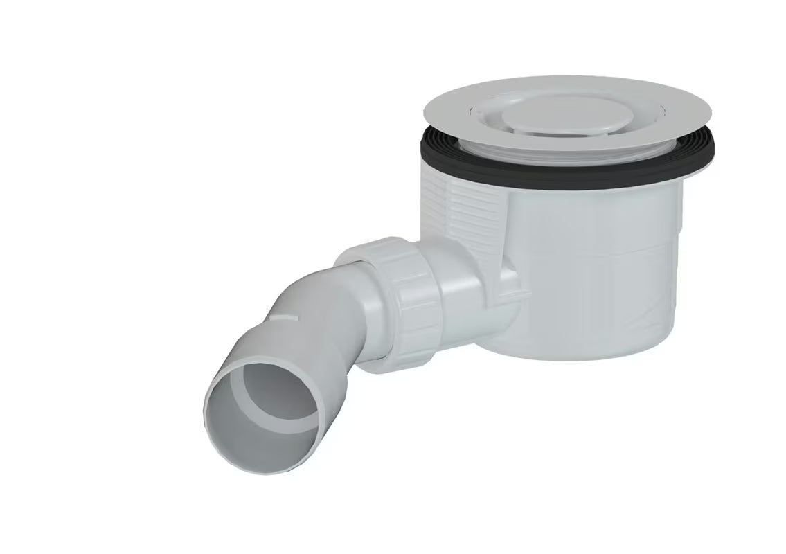 Bijeli dizajnerski sifon za tuš kadu s pokrivnom kapicom, koji ne strši iznad površine kade.