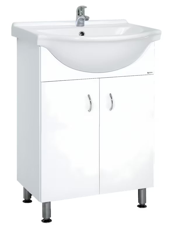 Bijela kupaonski ormarić Multi Pro s keramičkim umivaonikom širine 55 cm i nogicama od nehrđajućeg čelika.