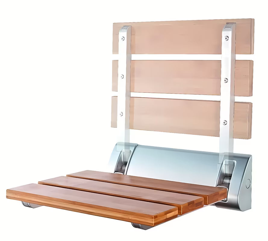 Sklopive sjedalo za tuš Multi u smeđoj izvedbi od masivnog drva Bulletwood s zidnim nosačem.