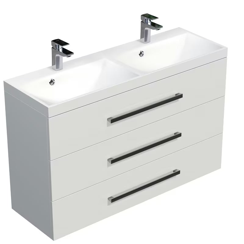 Viseća kupaonski ormarić Naturel Cube Way s dvostrukim umivaonikom od lijevanog mramora u bijeloj boji sa sjajem