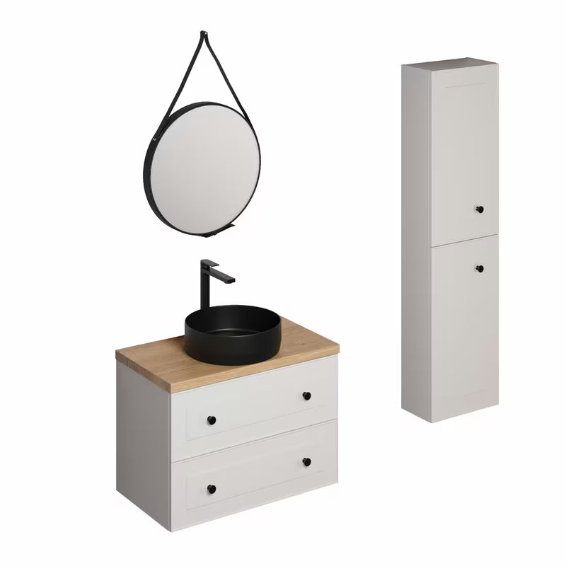 Kupaonski set Naturel Forli u bijeloj boji s crnim umivaonikom na ploču, slavinom i ogledalom