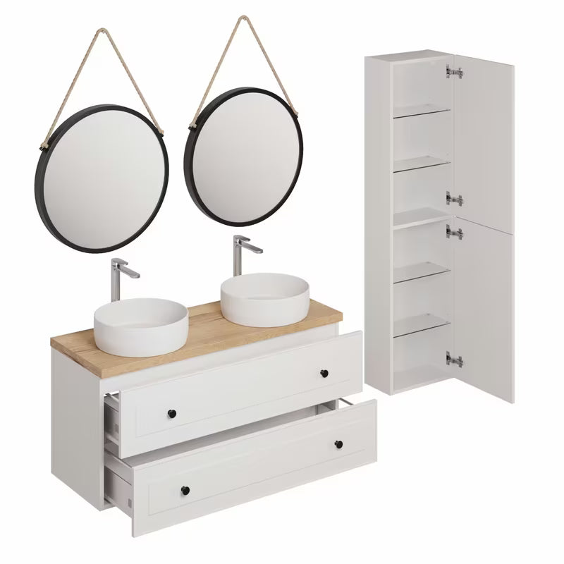 Bijela kupaonski set Naturel Forli s ormarićima, dva umivaonika na ploču, ogledalima i kromiranim slavinama.