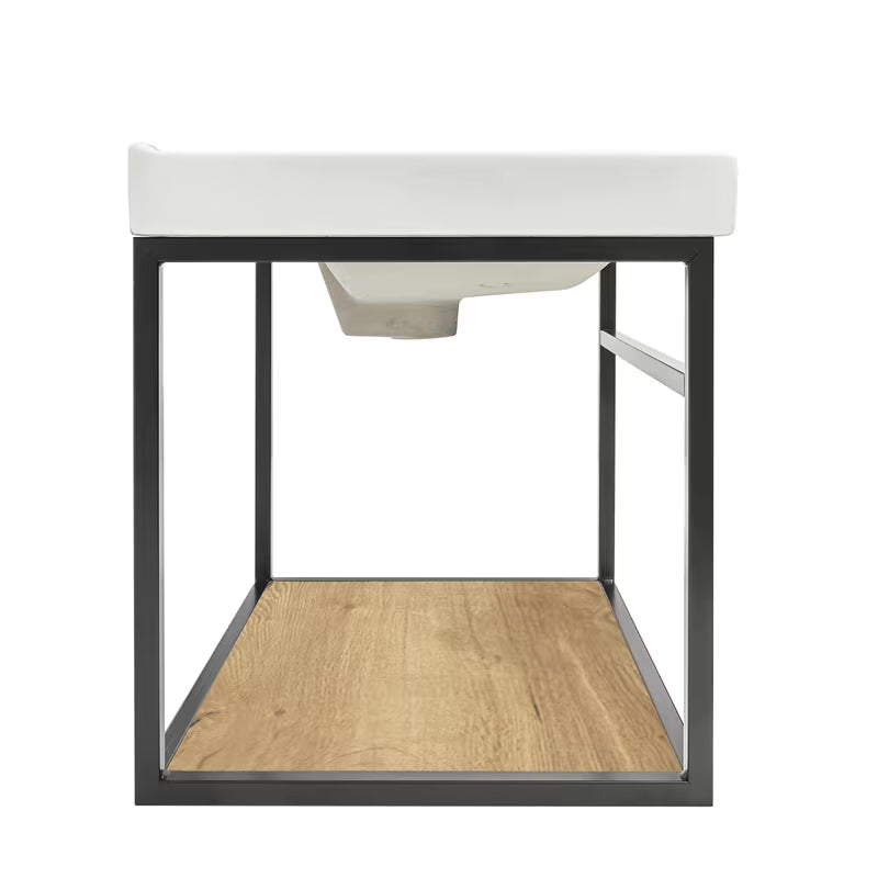 Crna kupaonski ormarić s keramičkim umivaonikom Naturel Industrial s policom u dekoru hrasta