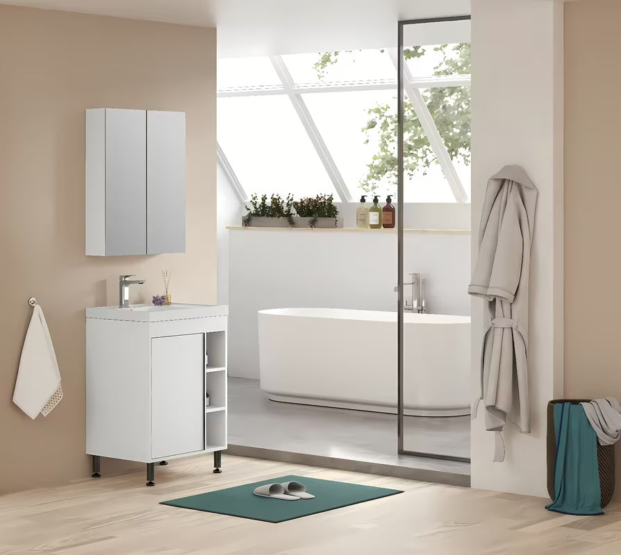 Kupaonski set Naturel Lucca u bijelom sjaju s ormarićem i umivaonikom od lijevanog mramora 59x70x45 cm.