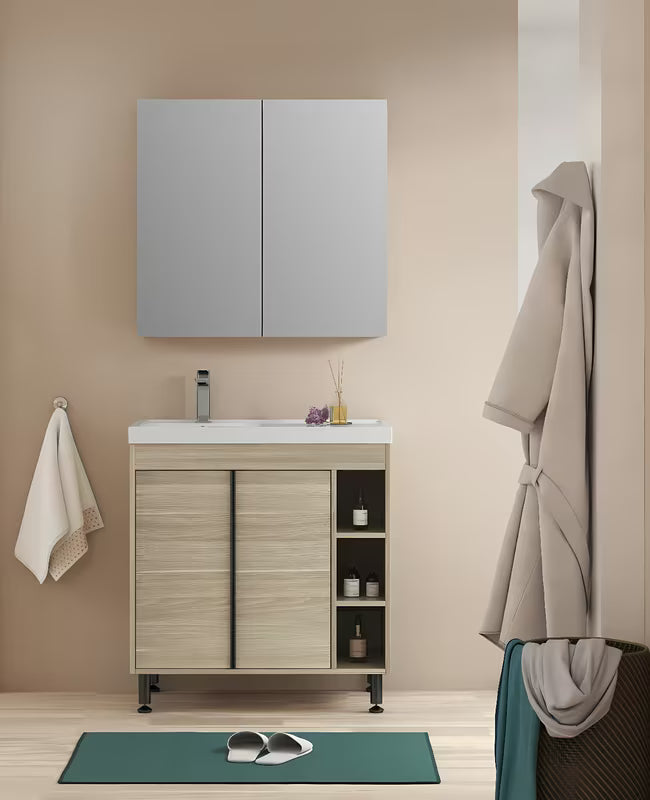 Kupaonski set Naturel Lucca u dekoru hrasta s ormarićem i umivaonikom od lijevanog mramora 79x70x45 cm.