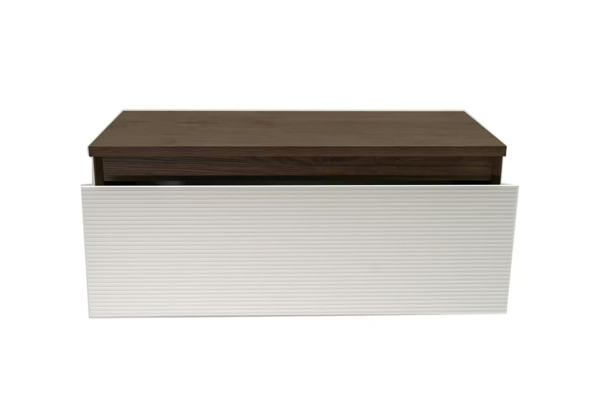 Viseća kupaonski ormarić Naturel Monza u dekoru oraha s bijelim rebrastim frontama i pokrovnom pločom