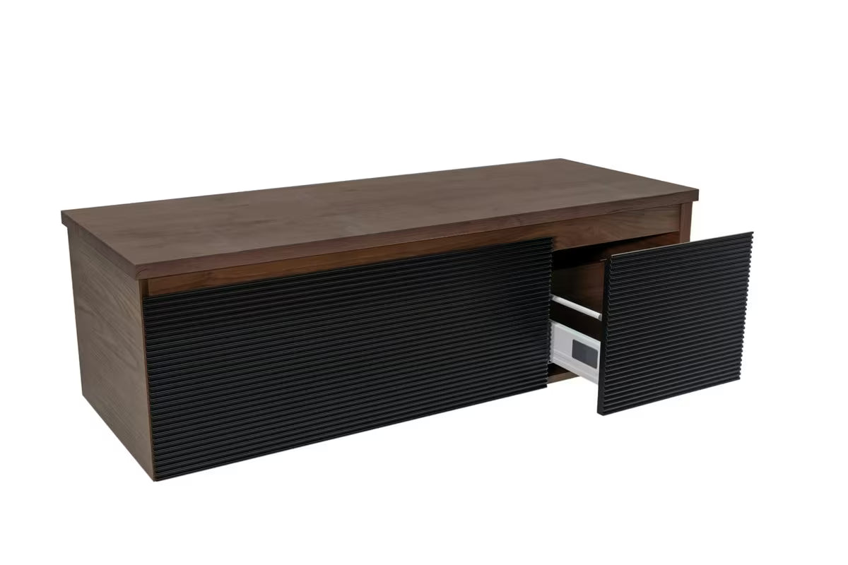 Viseća kupaonski ormarić Naturel Monza s pokrovnom pločom u dekoru oraha i s crnim rebrastim frontama