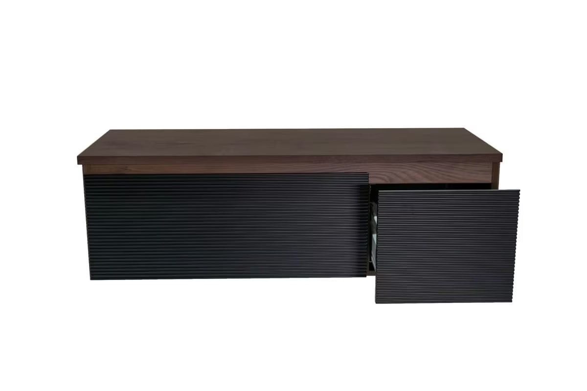 Viseća kupaonski ormarić Naturel Monza s pokrovnom pločom u dekoru oraha i s crnim rebrastim frontama