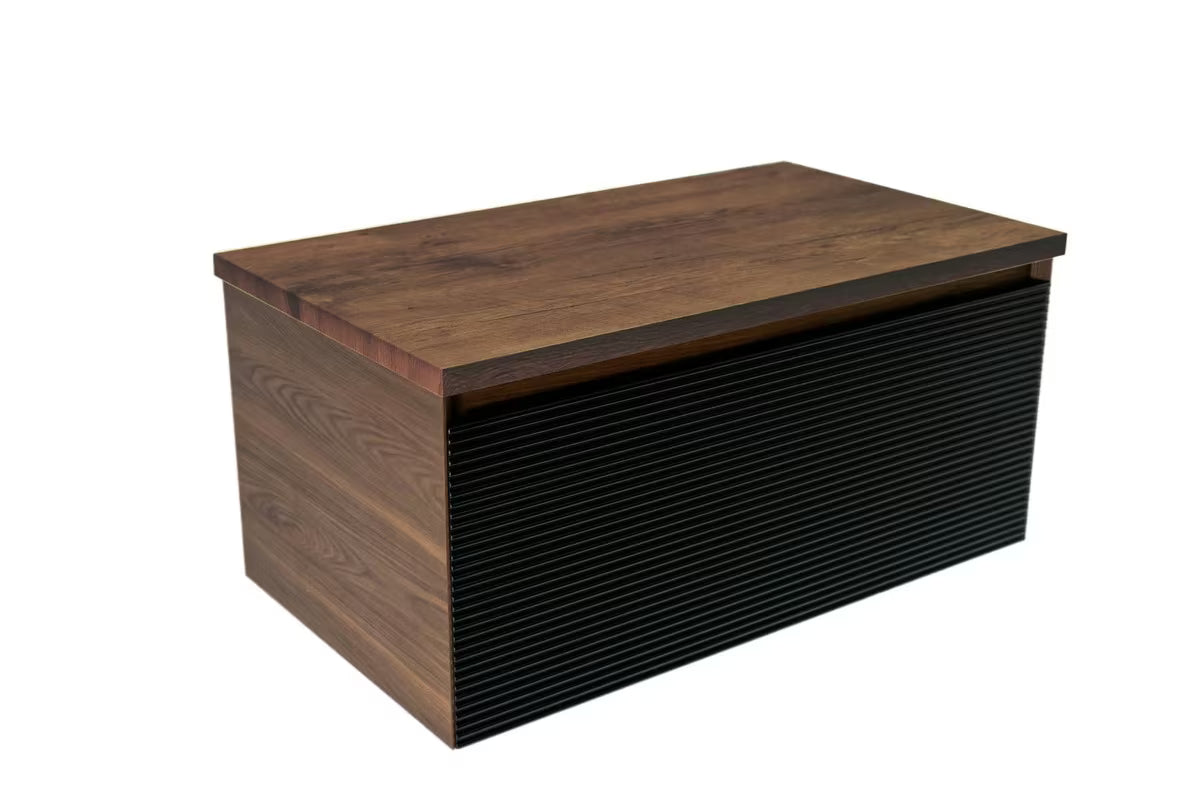 Viseća kupaonski ormarić Naturel Monza u dekoru oraha s crnim rebrastim frontama i pokrovnom pločom