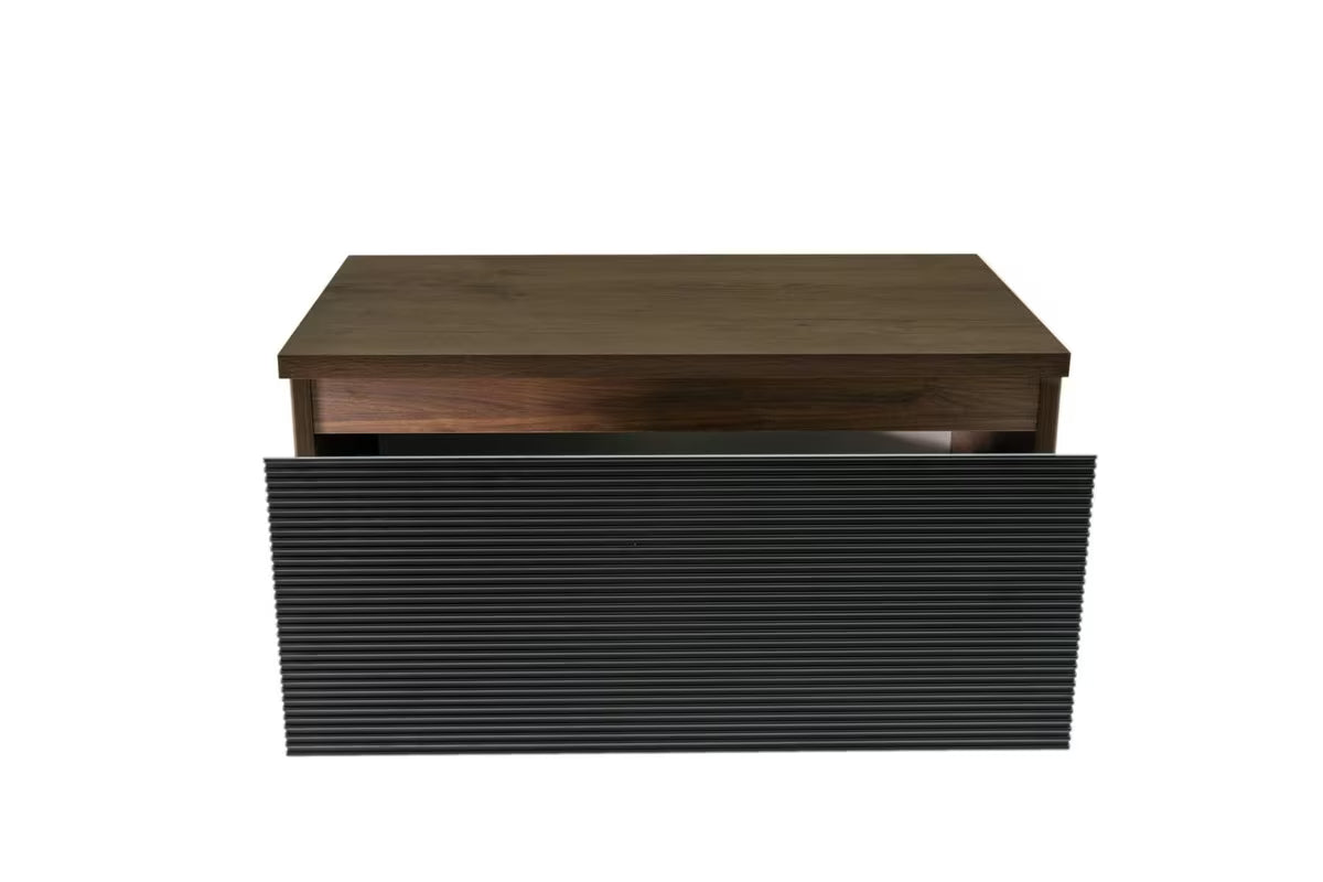 Viseća kupaonski ormarić Naturel Monza u dekoru oraha s crnim rebrastim frontama i pokrovnom pločom