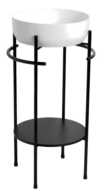 Crna metalna konstrukcija Naturel Round ispod umivaonika s donjom policom i bočnim ručkama, uključujući bijeli okrugli umivaonici.