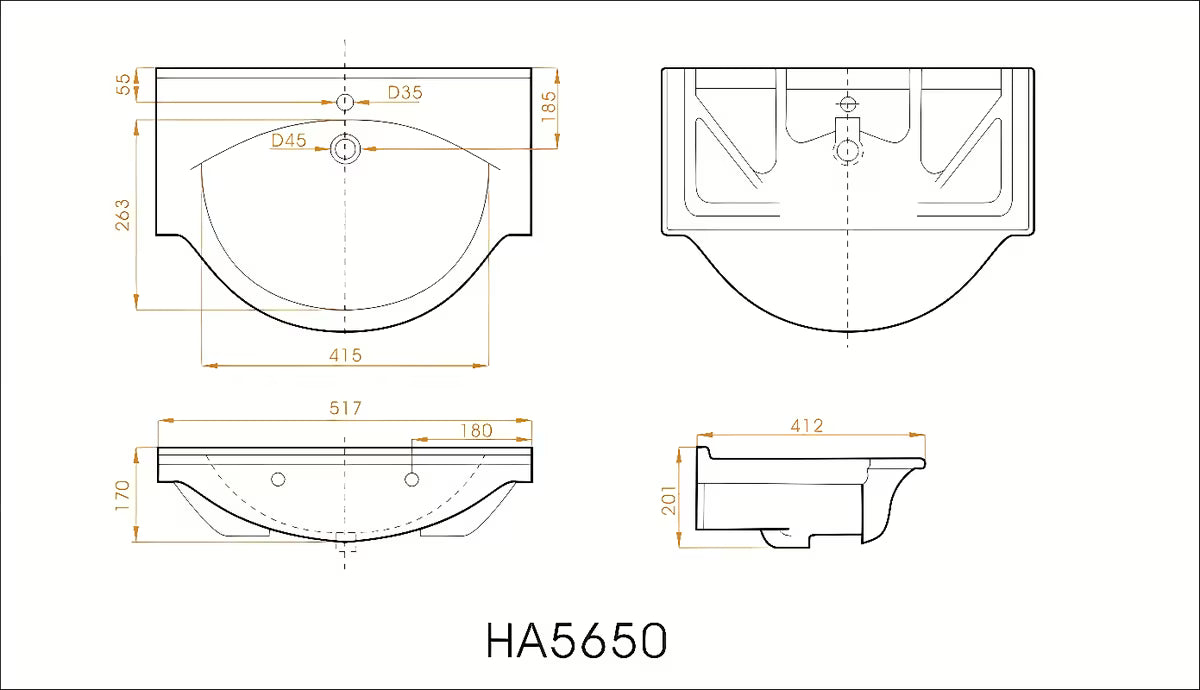 Bijeli keramički umivaonik za kupaonski ormarić Naturel Pro 52 x 41 cm s otvorom pro za slavinu u sredini.