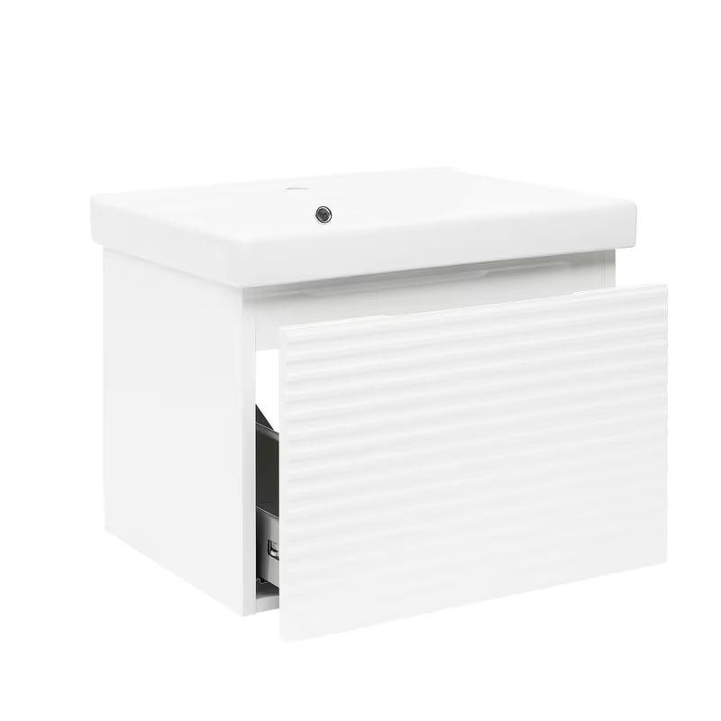 Viseća kupaonski ormarić s keramičkim umivaonikom Naturel Savona u sjajno bijeloj boji s glodanim detaljima.