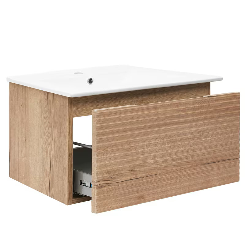 Viseća kupaonski ormarić Naturel Savona s keramičkim umivaonikom u dekoru hrasta halifax mat