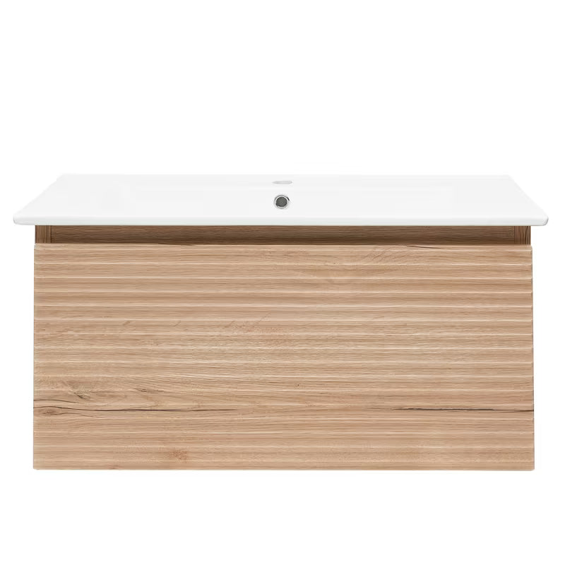 Viseća kupaonski ormarić Naturel Savona s keramičkim umivaonikom u dekoru hrasta halifax mat