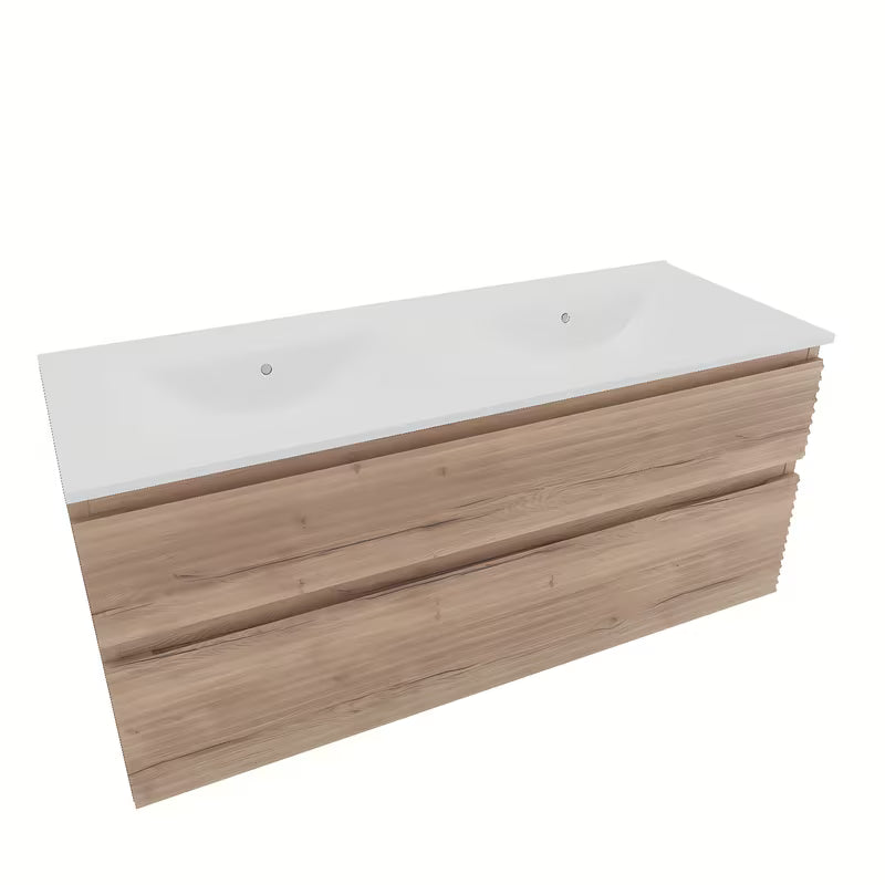 Viseća kupaonski ormarić Naturel Savona s keramičkim dvostrukim umivaonikom u dekoru hrasta Halifax.