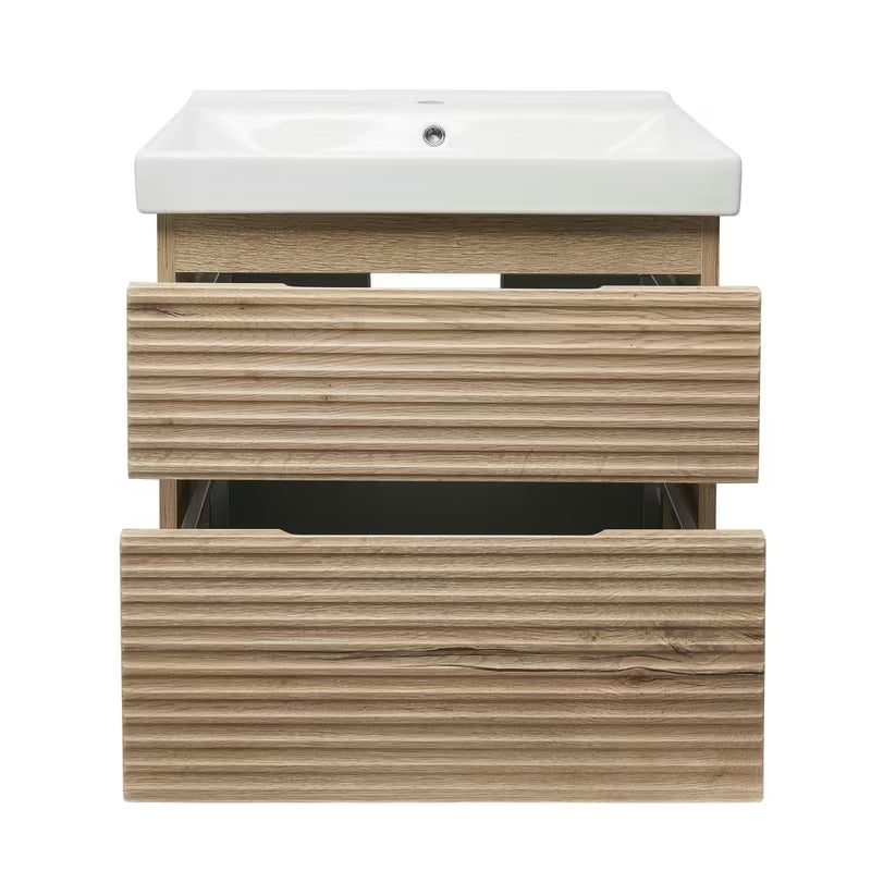 Viseća kupaonski ormarić Naturel Savona s keramičkim umivaonikom u dekoru hrasta halifax mat