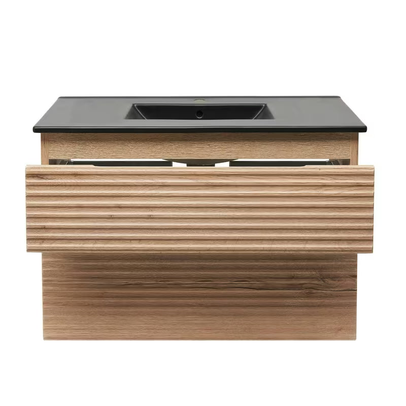 Viseća kupaonski ormarić Naturel Savona s keramičkim umivaonikom u dekoru hrasta halifax i dvije ladice.