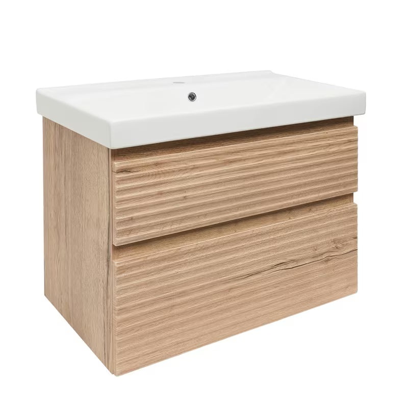 Viseća kupaonski ormarić Naturel Savona s keramičkim umivaonikom u dekoru hrasta halifax mat