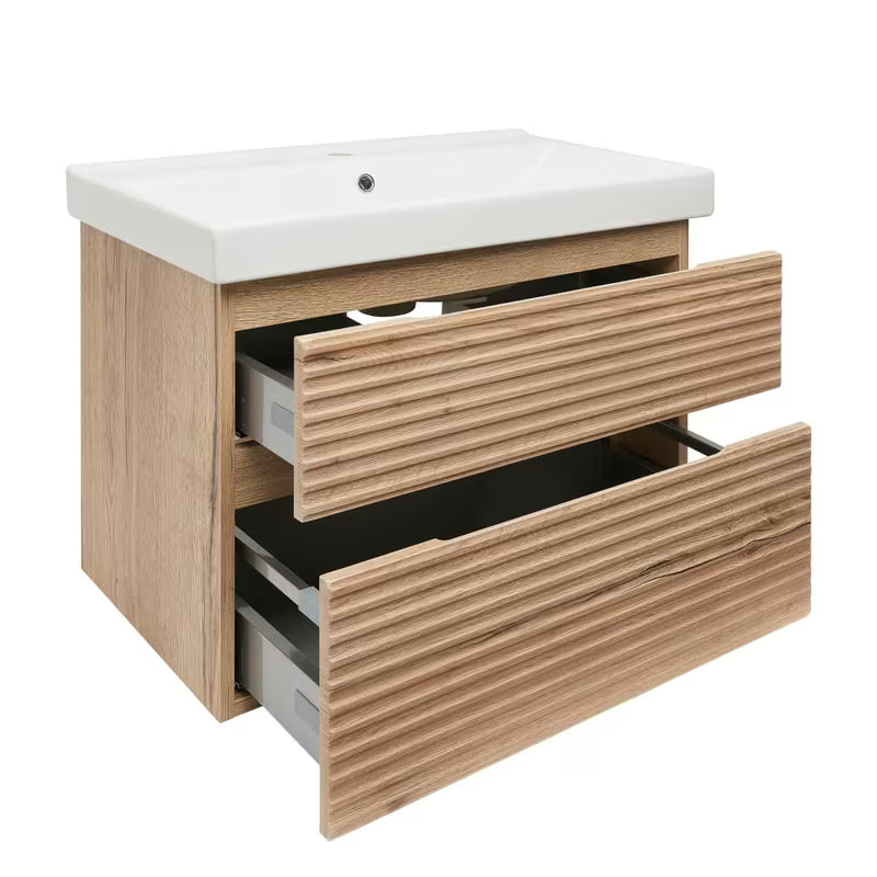 Viseća kupaonski ormarić Naturel Savona s keramičkim umivaonikom u dekoru hrasta halifax mat