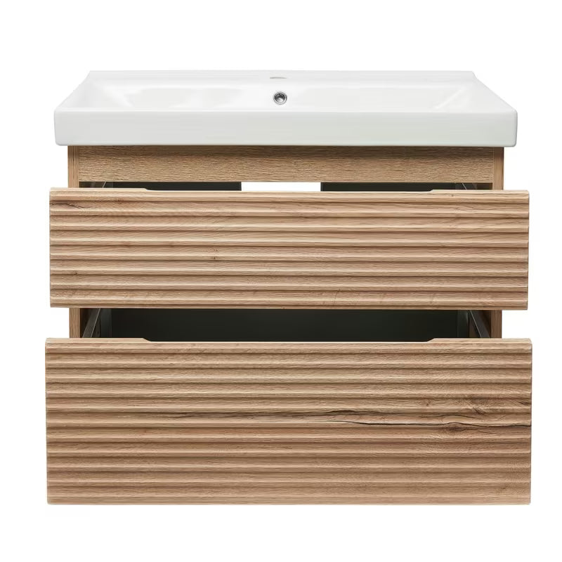 Viseća kupaonski ormarić Naturel Savona s keramičkim umivaonikom u dekoru hrasta halifax mat