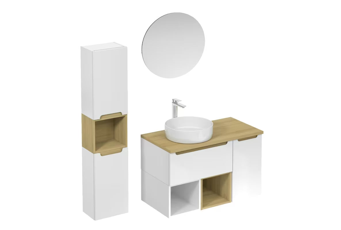 Kupaonski set Naturel Stilla u bijelom sjaju s umivaonikom na ploču i elementima u boji bukve tartuf.