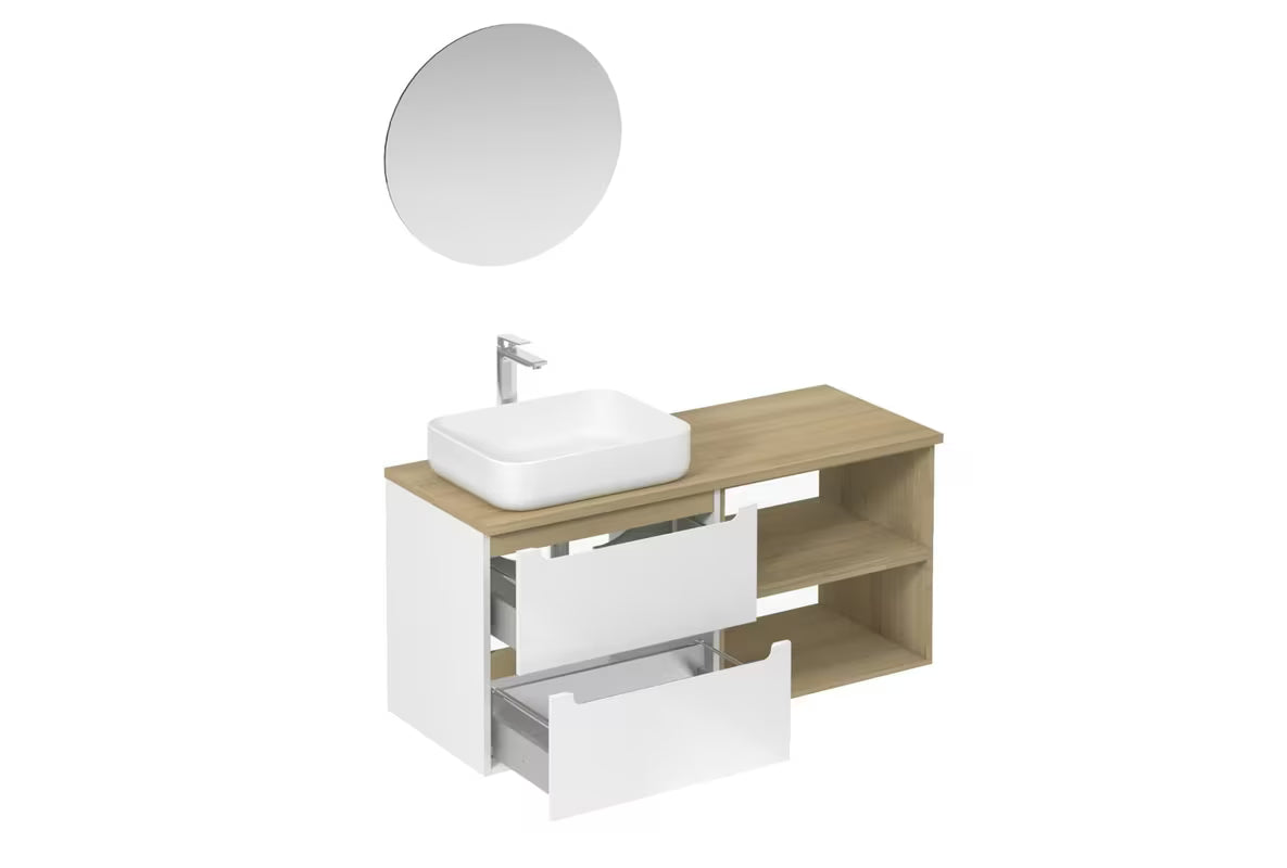 Kupaonski set Naturel Stilla u bijelom sjaju s umivaonikom na ploču i elementima u dekoru bukve tartuf.