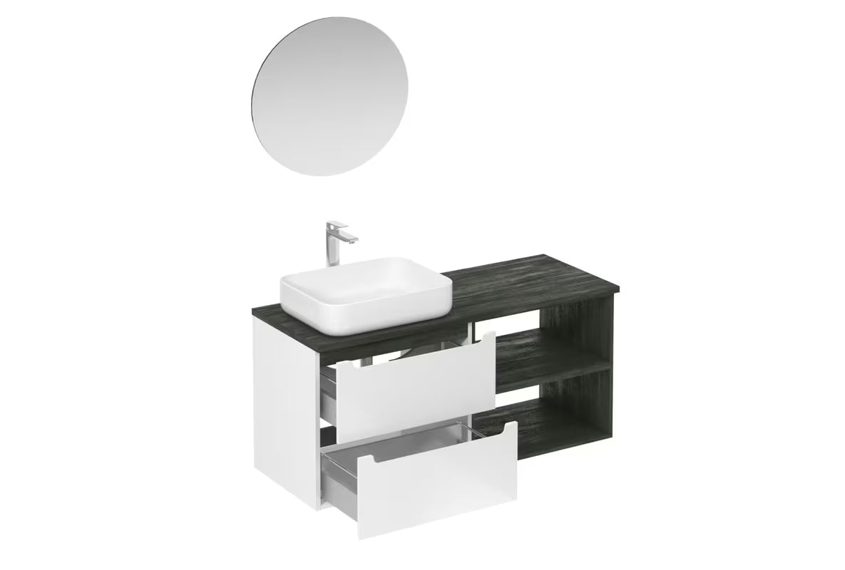 Kupaonski set Naturel Stilla u bijelom sjaju s umivaonikom na ploču i elementima u dekoru crnog betona.