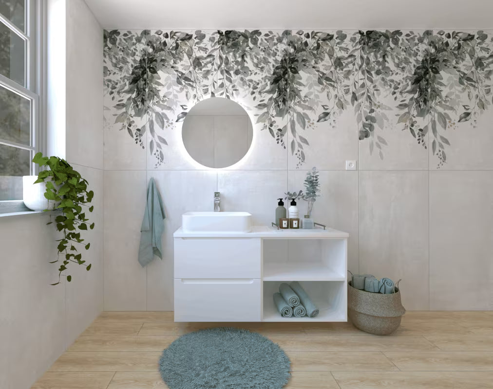 Bijela kupaonski set Naturel Stilla u sjajnoj izvedbi s umivaonikom na ploču i ogledalom s LED osvjetljenjem