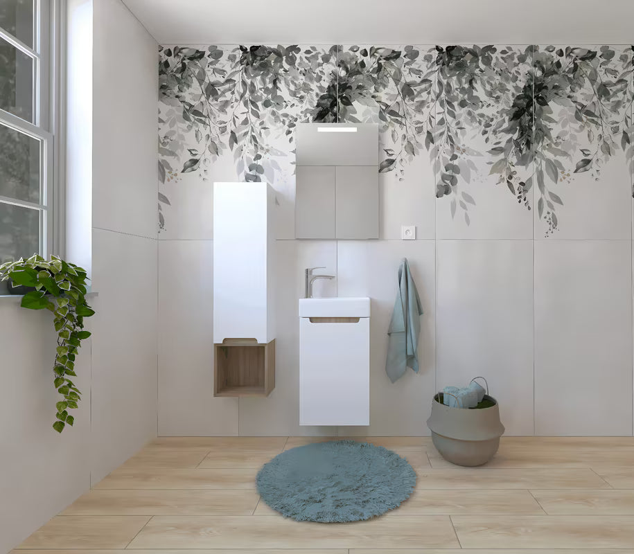 Kupaonski set Naturel Stilla u bijelom sjaju s elementima u dekoru tartuf bukve s umivaonikom i ogledalom