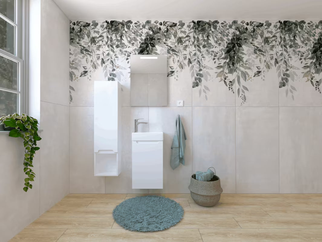 Kupaonski set Naturel Stilla u sjajno bijeloj boji s umivaonikom, ormarićima i ogledalom