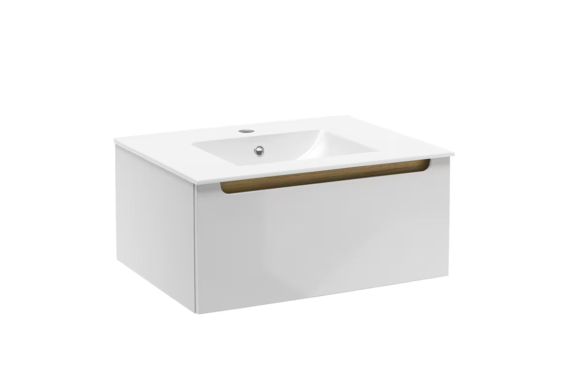 Bijeli viseća kupaonski ormarić Naturel Stilla s keramičkim umivaonikom Modena M6046 i jednom ladicom