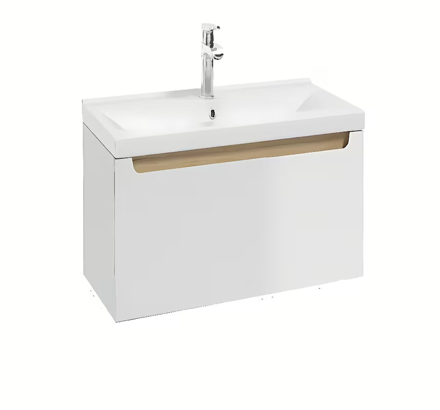 Bijeli viseća kupaonski ormarić Naturel Stilla s keramičkim umivaonikom Verso i jednom ladicom.