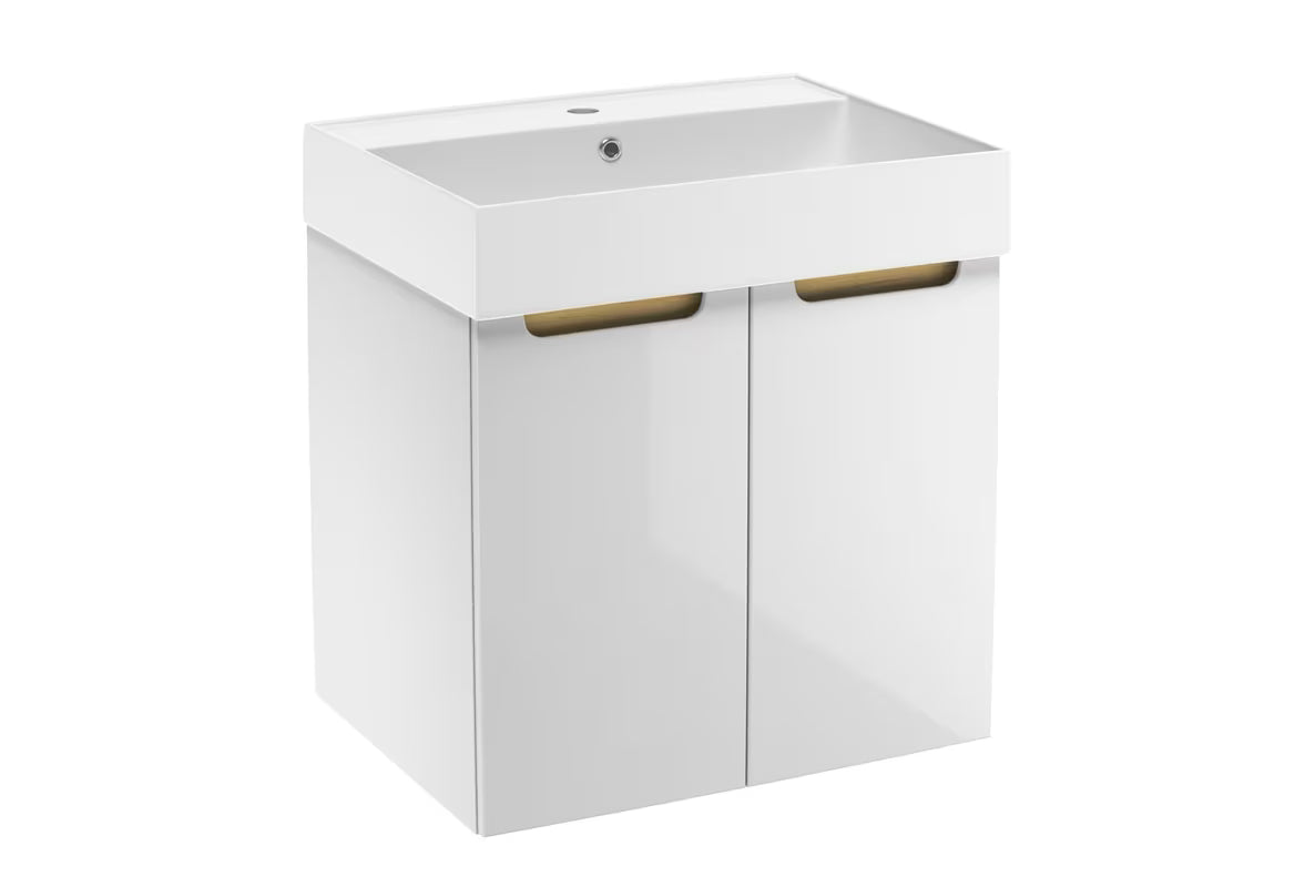 Bijeli viseća ormarić za umivaonik Naturel Stilla s keramičkim umivaonikom i vratima sa soft Close.