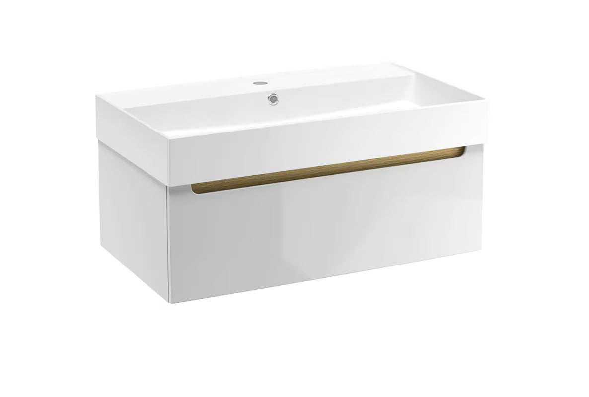 Bijeli viseća kupaonski ormarić Naturel Stilla s keramičkim umivaonikom i jednom ladicom