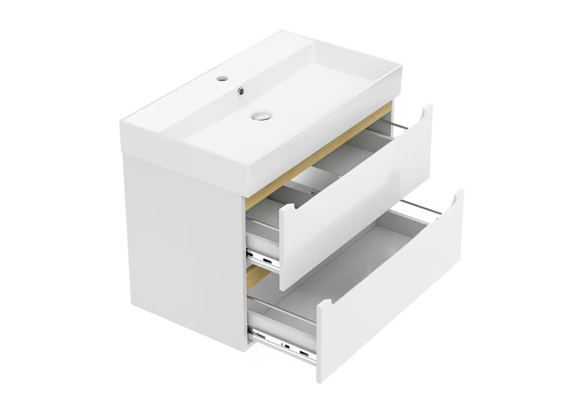 Bijeli viseća kupaonski ormarić Naturel Stilla s dvije ladice i keramičkim umivaonikom