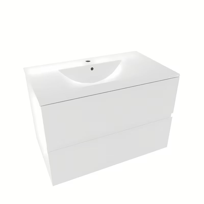 Bijela viseća kupaonski ormarić Naturel Verona s keramičkim umivaonikom i ladicama bez ručkica.