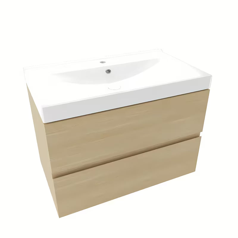 Viseća kupaonski ormarić Naturel Verona s ladicama i keramičkim umivaonikom u dekoru svijetlog drva