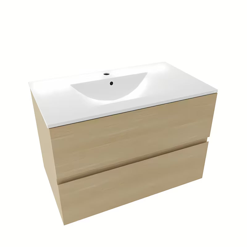 Viseća kupaonski ormarić Naturel Verona s ladicama i keramičkim umivaonikom u dekoru svijetlog drva.