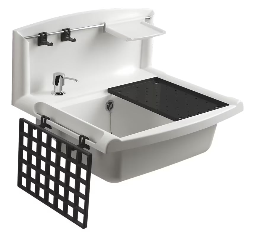 Bijela viseća servisni izljevnik Nicoll Multiset 55x45 cm od polipropilena s mat površinom pro lako čišćenje.