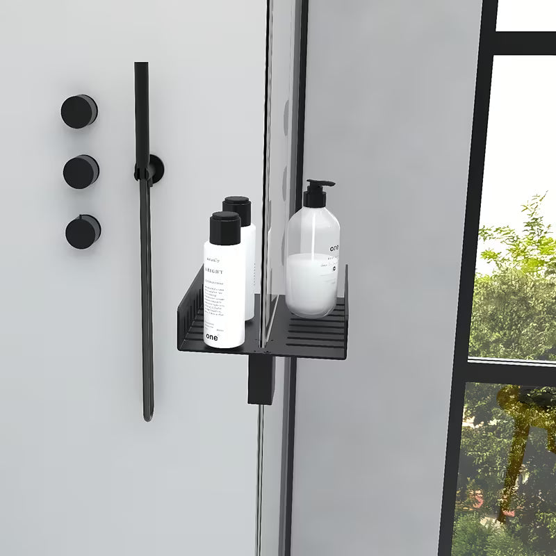 Crna kupaonska police za staklo walk in tuš-kabine bez bušenja, s otvorima za ocjeđivanje