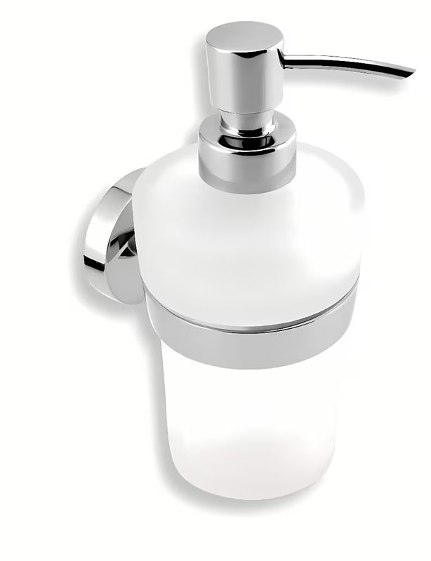 Zidni dozator sapuna Novaservis Metalia 11 u krom izvedbi s metalnim dijelom i staklenom posudom.