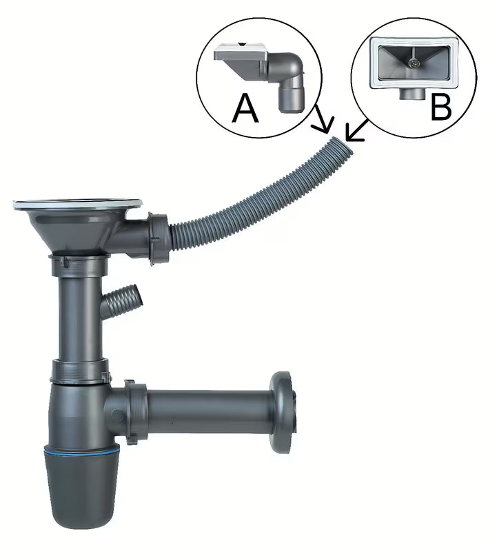 Sivi plastični sifon za sudoper Novaservis s integriranim preljevom pro otvor 89 mm.