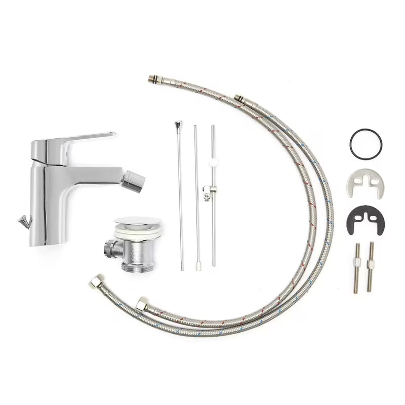 Kromirana jednoručna baterija stojeća miješalica za bide Optima Cube Way s odvodom i fleksibilnim perlatorom