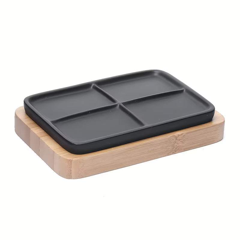 Samostojeći posuda za sapun Optima Hombre u crno-mat izvedbi s bambusovim drvom