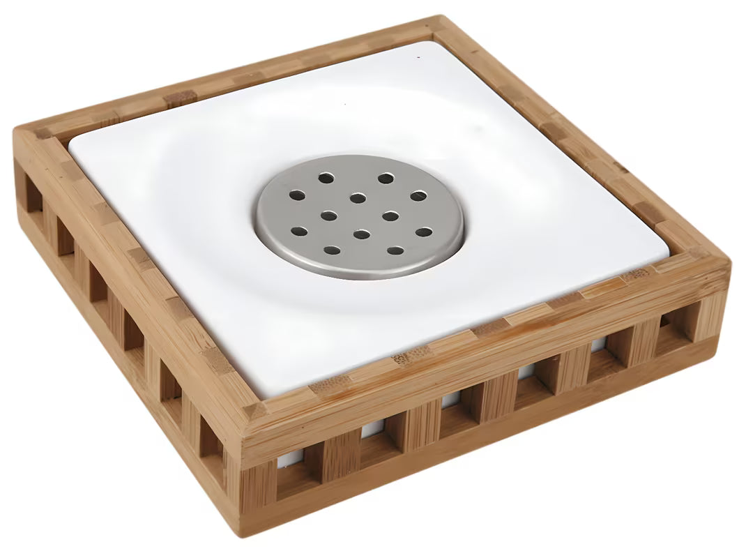 Samostojeći četvrtasto posuda za sapun Optima Libra u bijeloj boji s bambusovim elementom.